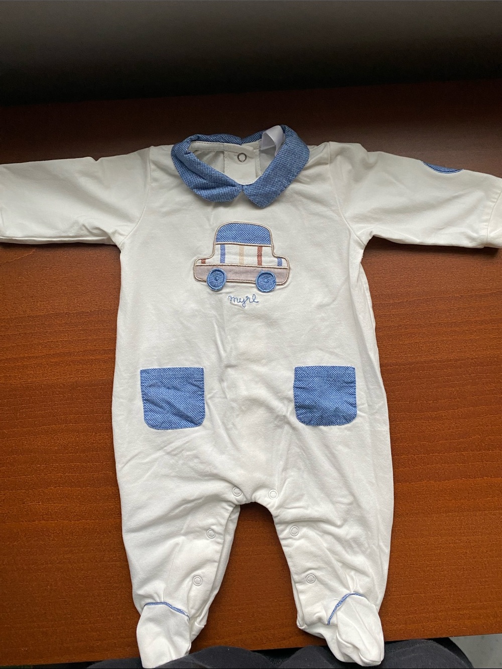 Mayoral Cream One-Piece with Blue Car Appliqué